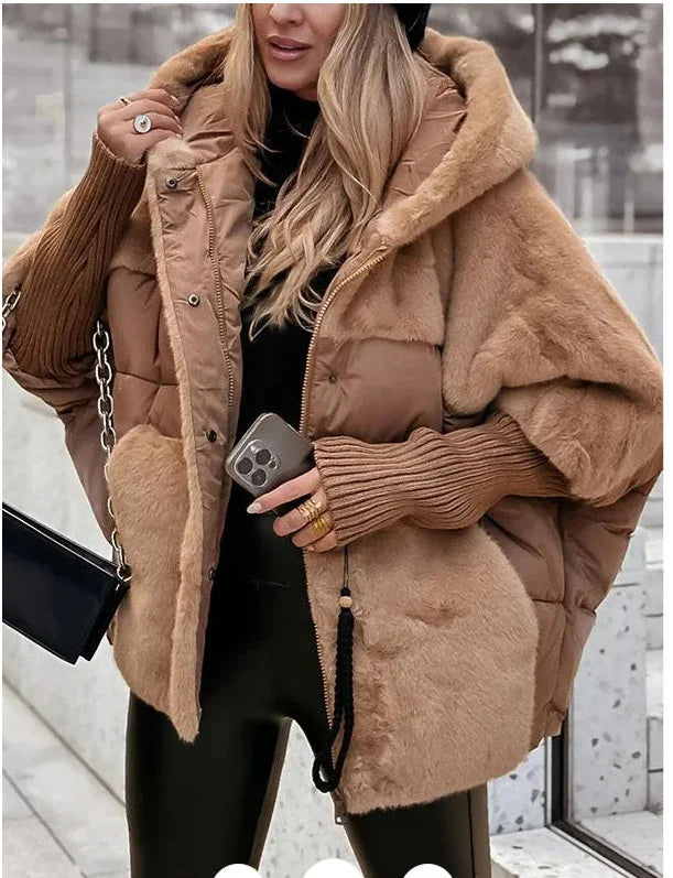 Women‘s Hooded Patchwork Warm Coat Autumn Padded Jacket Oversize Outerwear In Winter