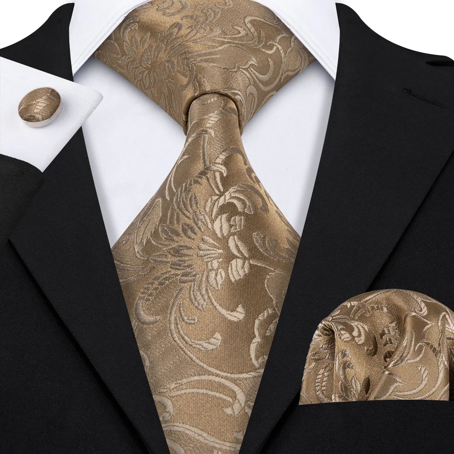 Barry.Wang Orange Brown Silk Mens Tie Hanky Cufflinks Set Gold Coffee Jacquard Designer Necktie For Male Wedding Business Party