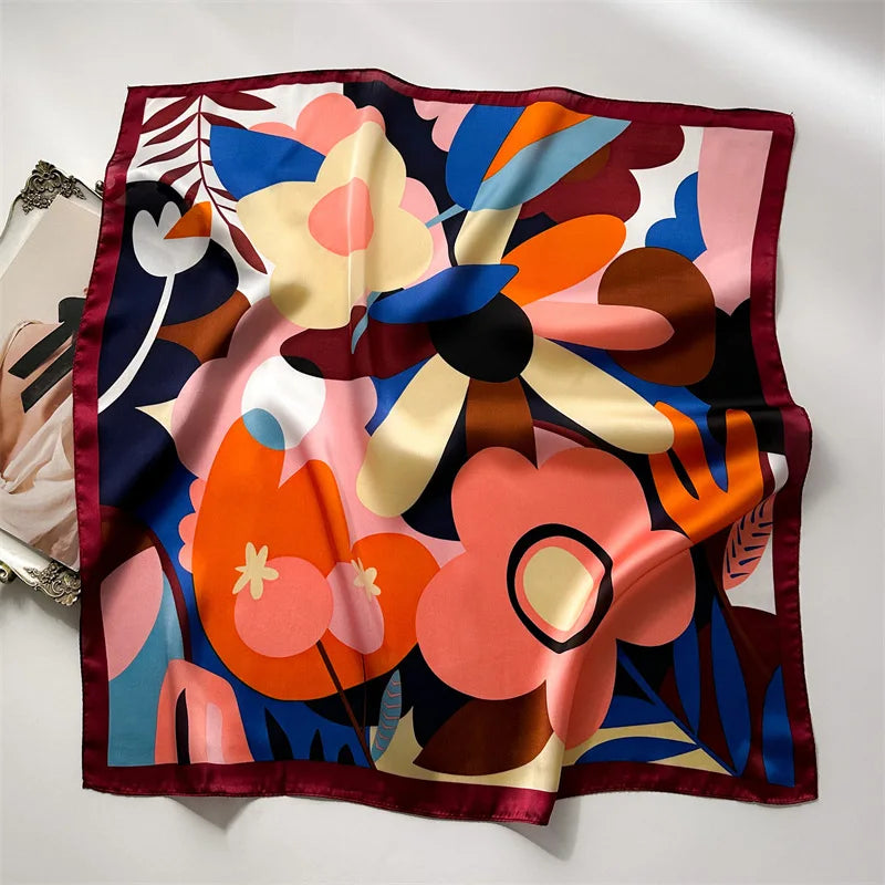 70*70cm Silk Square Scarf Women Soft Flower Print Hairband Foulard Neckerchief Hijab Tie Bag Ribbon Headband Fashion Decoration