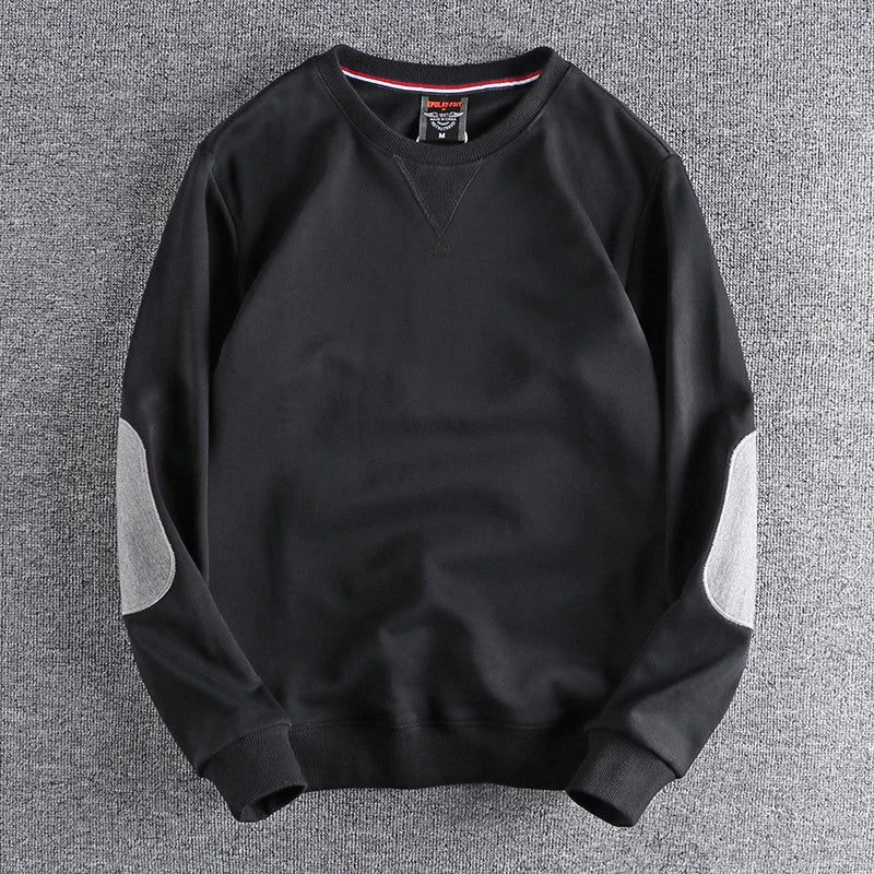 Spring New American Retro Sleeve Patch Solid Color Sweatshirt Men's Simple 100% Cotton Washed Pullover Loose Casual Sportwear