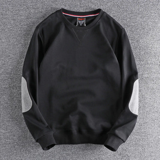 Spring New American Retro Sleeve Patch Solid Color Sweatshirt Men's Simple 100% Cotton Washed Pullover Loose Casual Sportwear