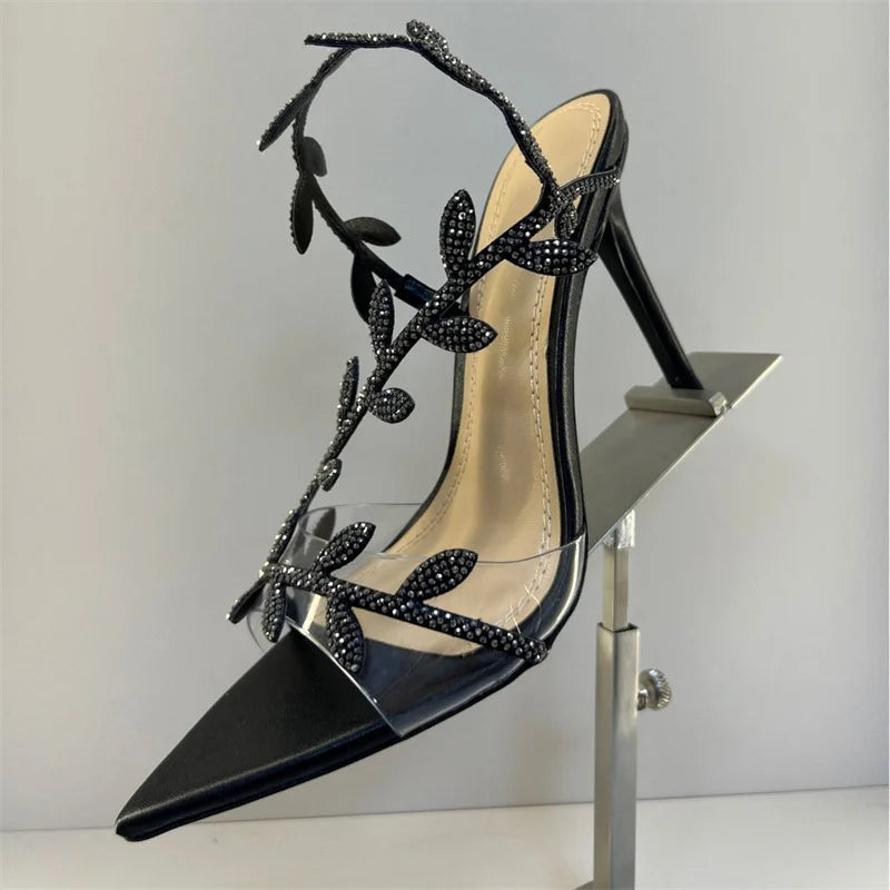 European American Pointed-Toed Rhinestone Leaves Thin Heel Sandals 2025 Spring And Autumn New Style Fashionable Elegant Party