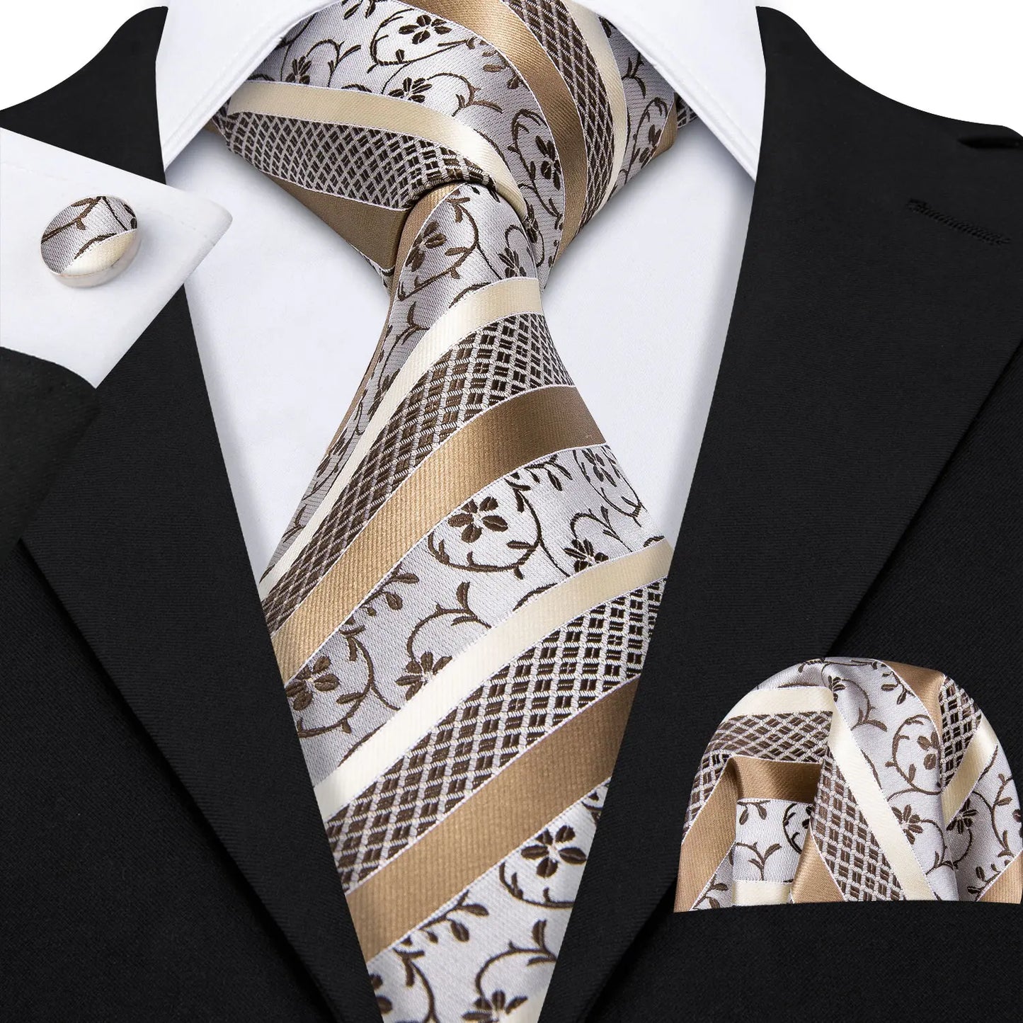 Barry.Wang Orange Brown Silk Mens Tie Hanky Cufflinks Set Gold Coffee Jacquard Designer Necktie For Male Wedding Business Party