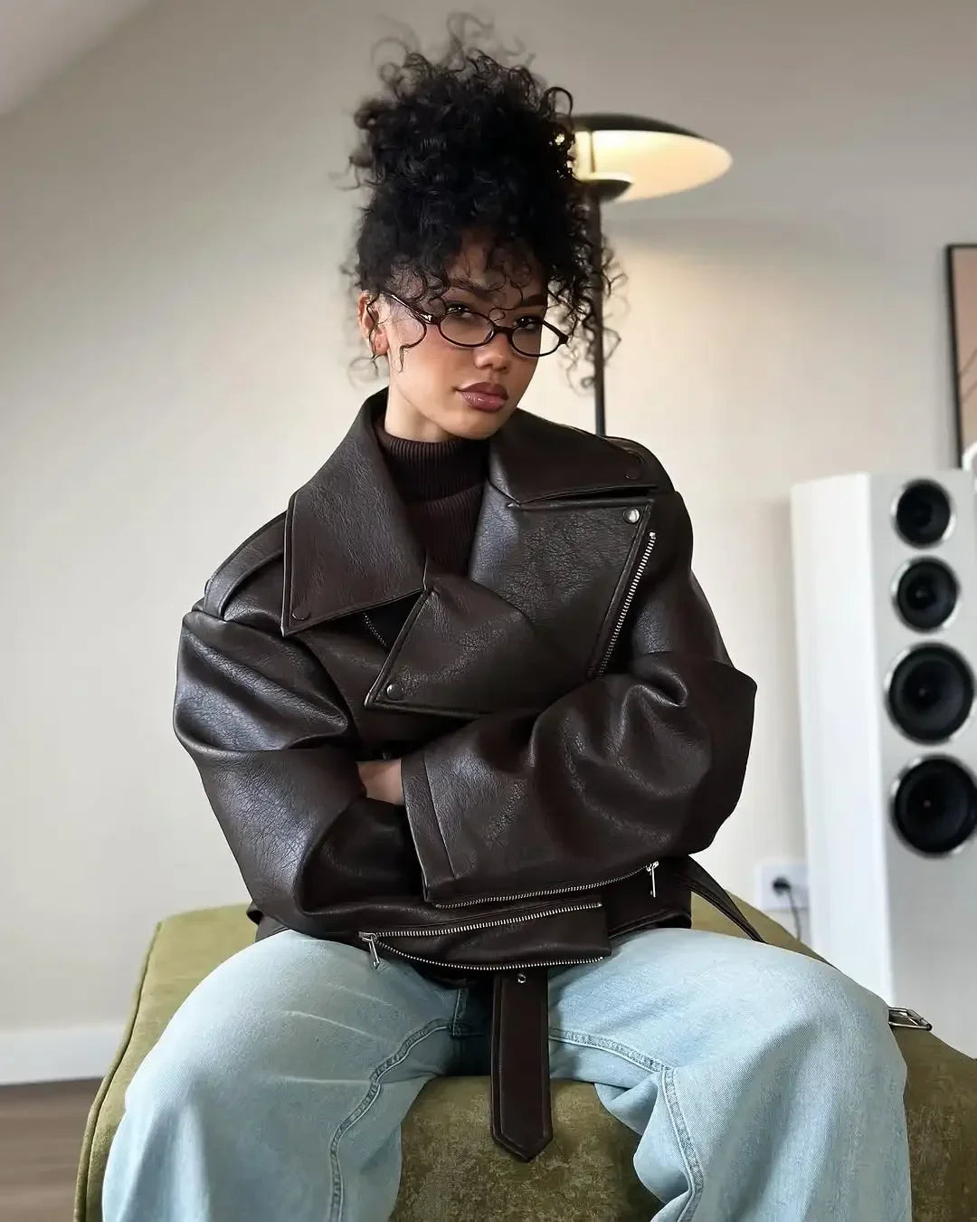Women's Dark Red Zipper Leather Short Jackets Chic Long Sleeve Lace Up Lapel Loose Button Coat Lady Daily High Street Wear 2025