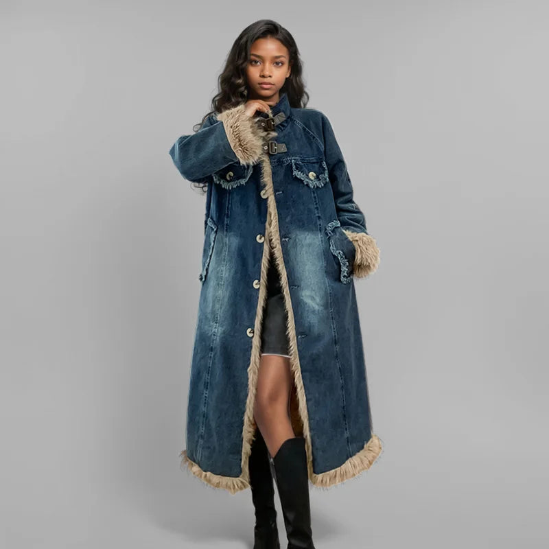 WTHT New Fashion Women's Plush Edge Belt Buckle Warm Denim Long Coat 2024 Winter Trendy Single Breasted Jacket Female 1LS178