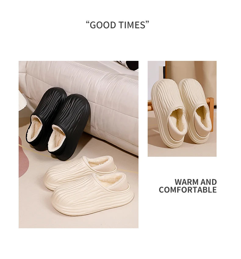 New EVA Short Plush Waterproof couples Slippers Winter  Warm striped  women Cotton Shoes Soft Thick Comfort Home floors Slides
