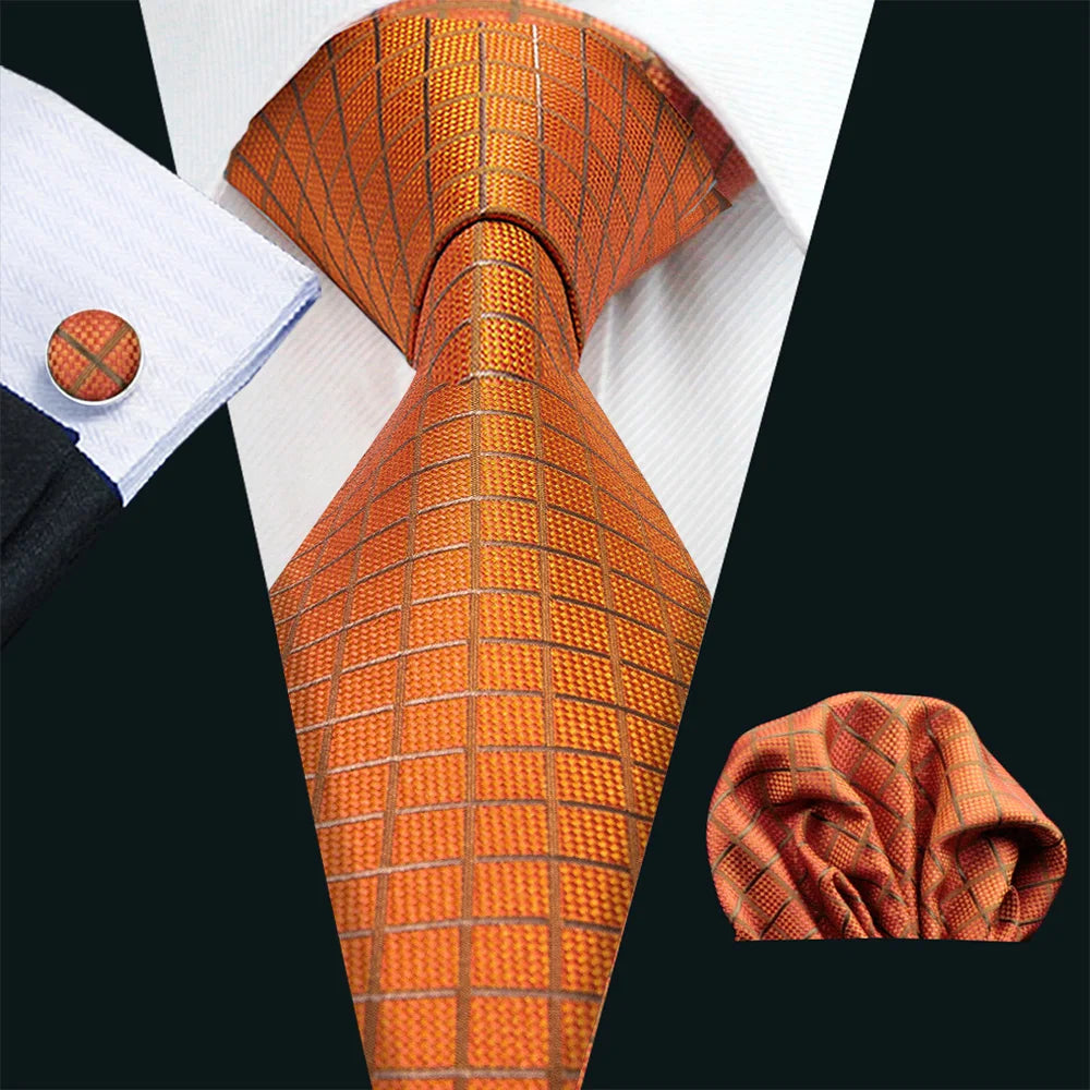 Barry.Wang Orange Brown Silk Mens Tie Hanky Cufflinks Set Gold Coffee Jacquard Designer Necktie For Male Wedding Business Party