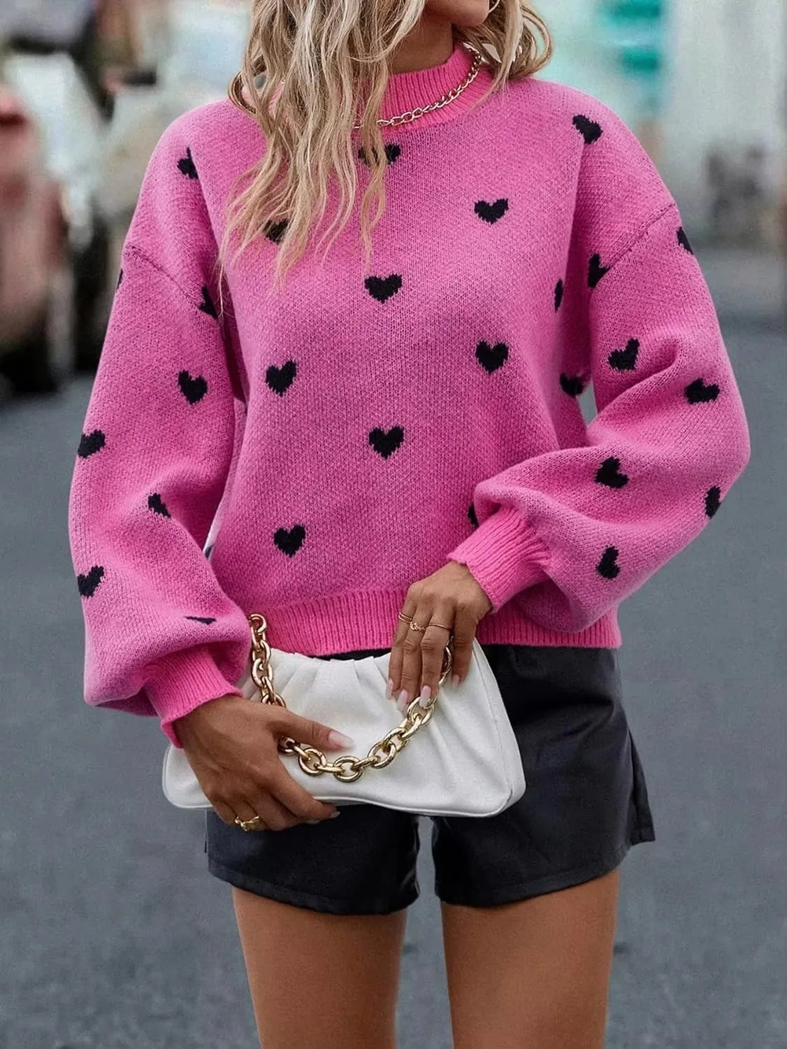 Cute Black Heart Graphic Sweater Drop Shoulder Long Sleeve Casual Sweater For Fall  Winter  Women's Clothing