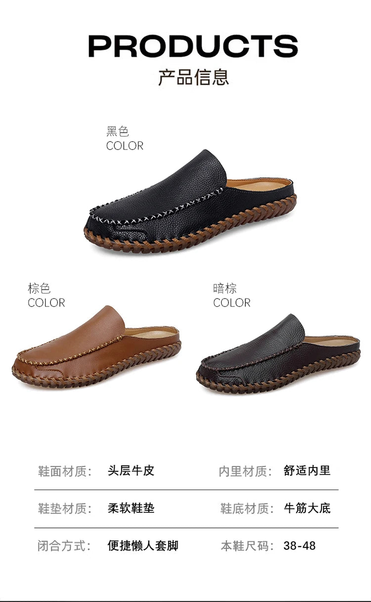 Plus Size 38-48 Handmade Mules Mens Backless Loafers Slippers Half Shoes For Men Slide Closed Toe Sandals Semi-Drag Casual Shoes