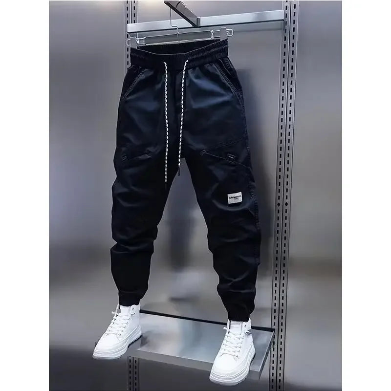 2024 Men's Autumn New Casual Pants Solid Color Elastic Waist Ankle Length Versatile Korean Style Fashionable Small Foot Cargo Pa