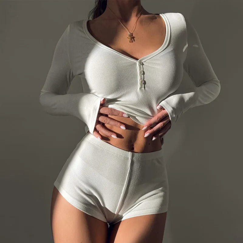 2025 Women 2 Piece Pajamas Shorts Set Long Sleeve V Neck Button Down Cropped Tops Sexy Bodycon Shorts Loungewear Clothes Females