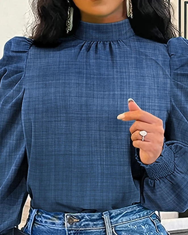 Elegant Blouse for Women Autumn/winter Mock Neck Shirred Puff Sleeve Top Loose Fit Shirt New In Office Lady Pullover Work Blouse