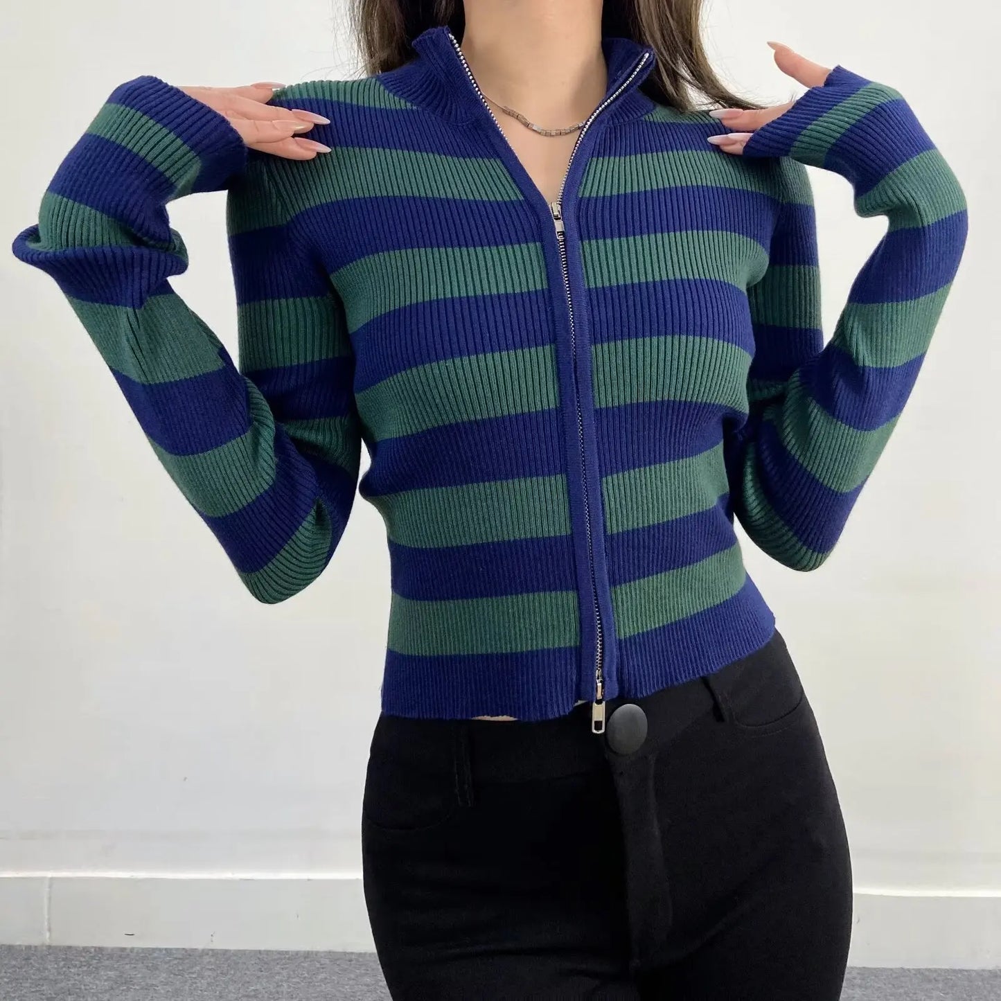 Slim Fit American Style Knitted Cardigan Women's Double Zipper Open Front Pure Desire Autumn Fashion Outerwear BM Style