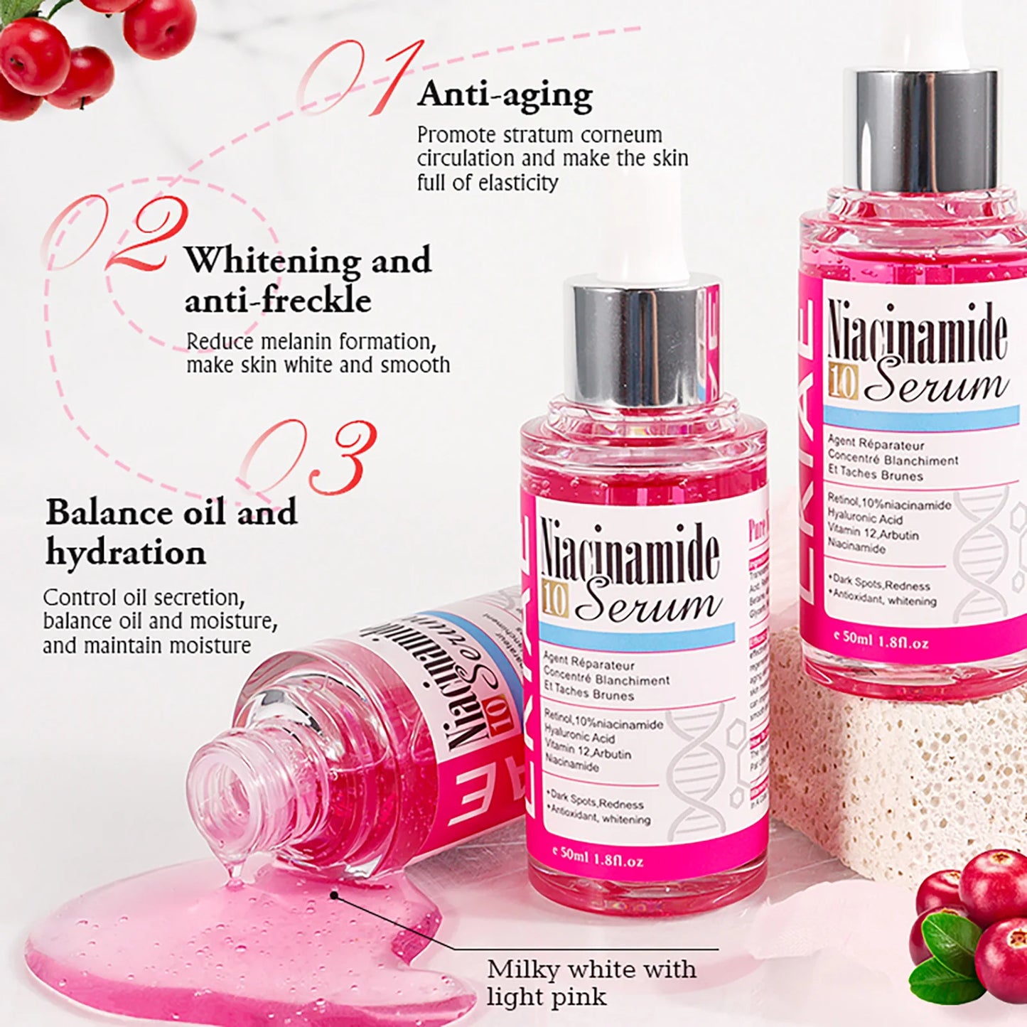 LKIAE Nicotinamide Whitening Essence, Anti-Aging, Reduce Freckles, With Hyaluronic Acid, Moisturizing Serum For Face And Body
