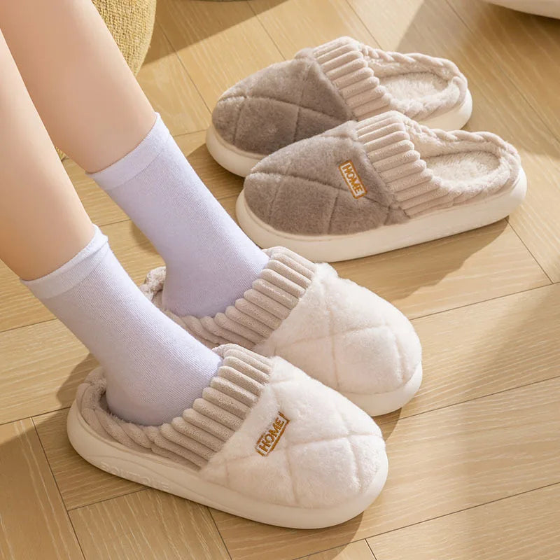 Home Couple Slippers Autumn Winter Warm Anti-slip Indoor Plush Soft Shoes Comfortable Cotton Thicken Sleeping Slippers Woman Men