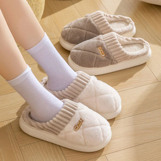 Home Couple Slippers Autumn Winter Warm Anti-slip Indoor Plush Soft Shoes Comfortable Cotton Thicken Sleeping Slippers Woman Men