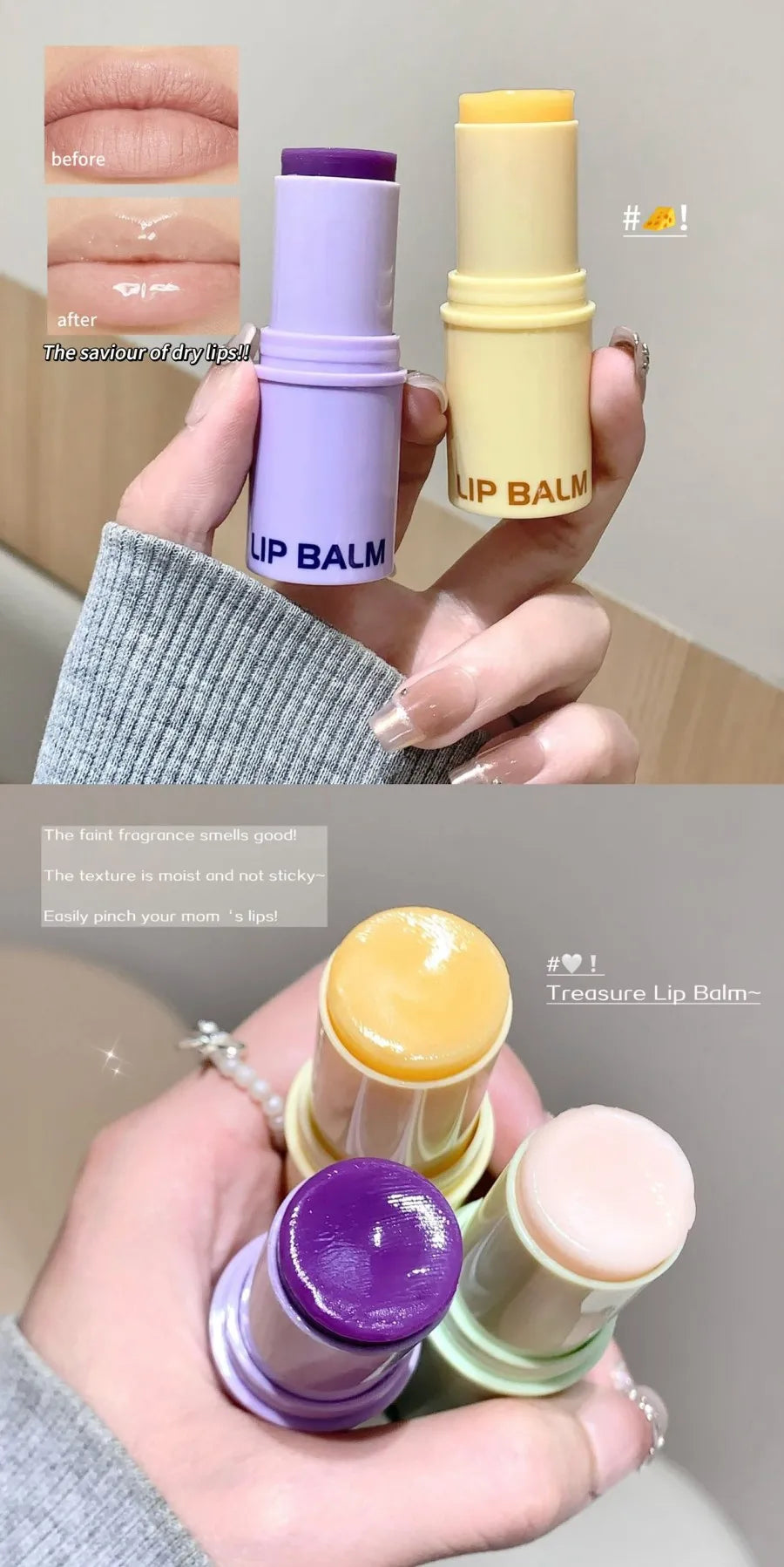 3-Color Lip Balm - Osmanthus, Jasmine Tea, and Grape Scents ,lip care, hydrating and nourishing