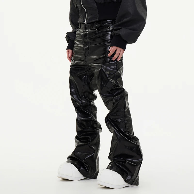 PFNW New Spring Men's Jeans Loose Wide Leg Coating Glossy Patent Leather Straight Male Denim Pants Niche Style 2025 12C509