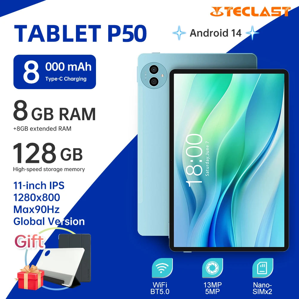 Teclast P50 Tablets 11-inch 90Hz 8GB RAM 128GB ROM Android 14 Unisoc T606 Octa-Core 8000mAh battery WiFi BT5.0 Dual SIM 4G LTE