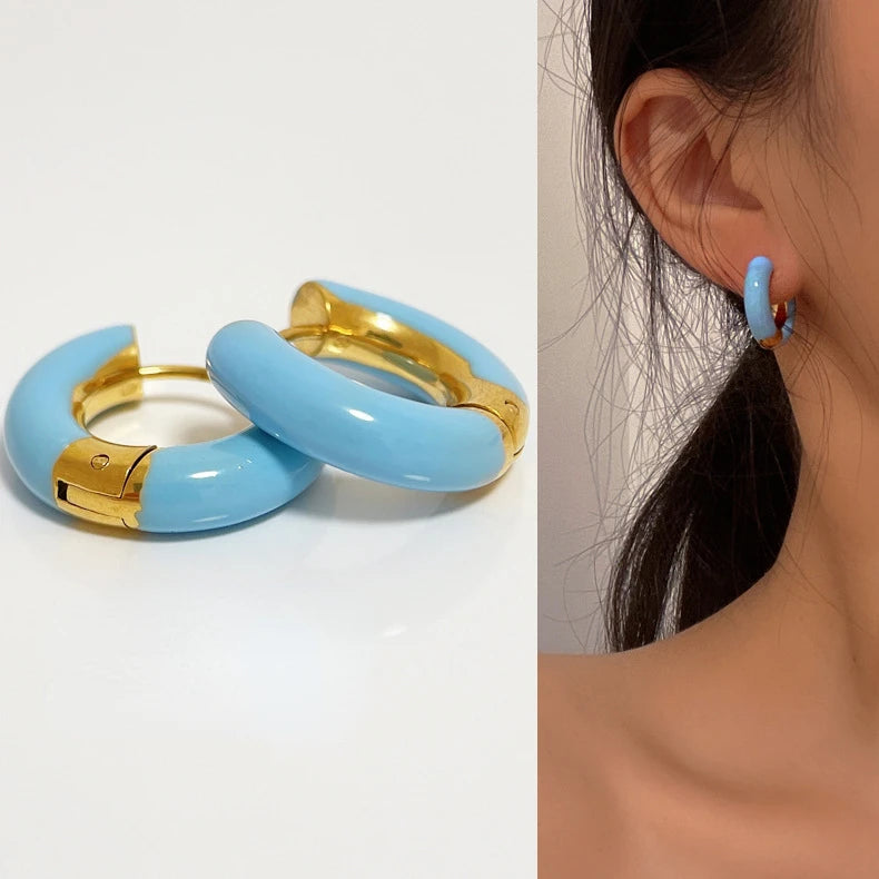 Modern Jewelry Round Colorful Enamel Green Blue Pink Red Buckle Earrings For Women Girl Gift Elegant Temperament Accessories