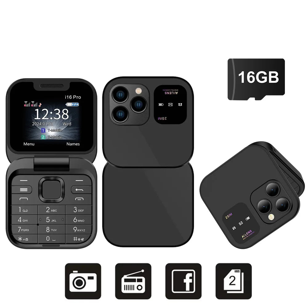 SERVO i16 Pro Mini Flip Mobile Phone Dual SIM Card Speed Dial Magic Voice Blacklist FM Radio 2G GSM Cute Foldable Cellular Phone