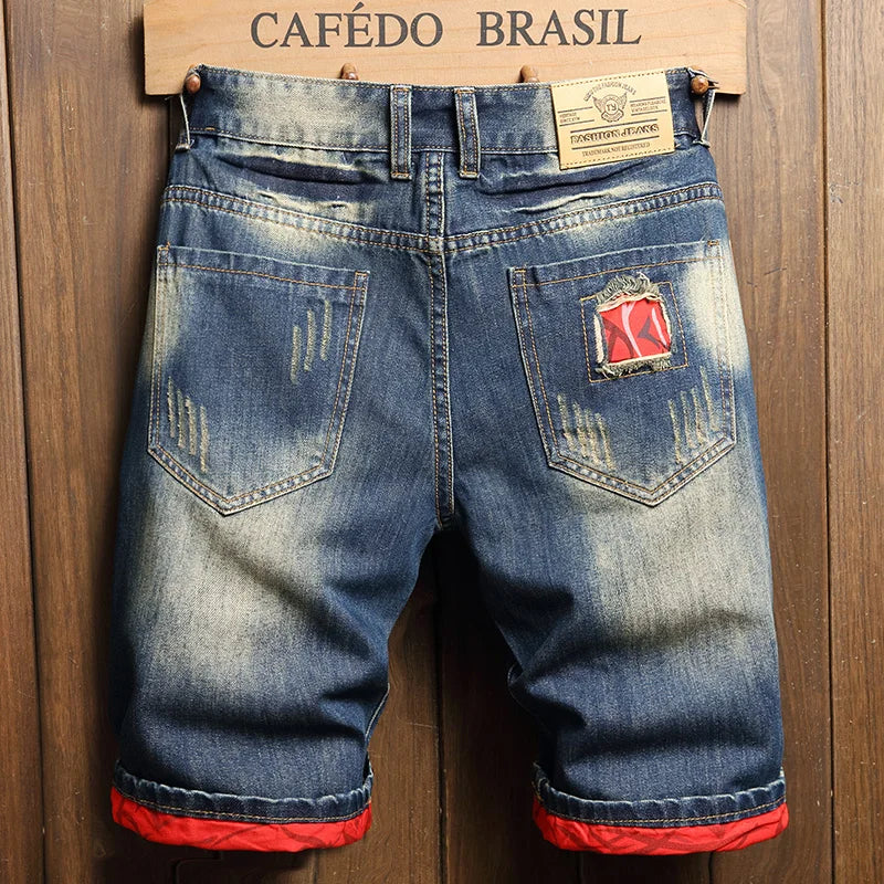 2025 Summer Ripped Denim Shorts Men's Loose Splicing Knee-length Casual Short Jeans Personality Streetwear Hip Hop Male Clothes