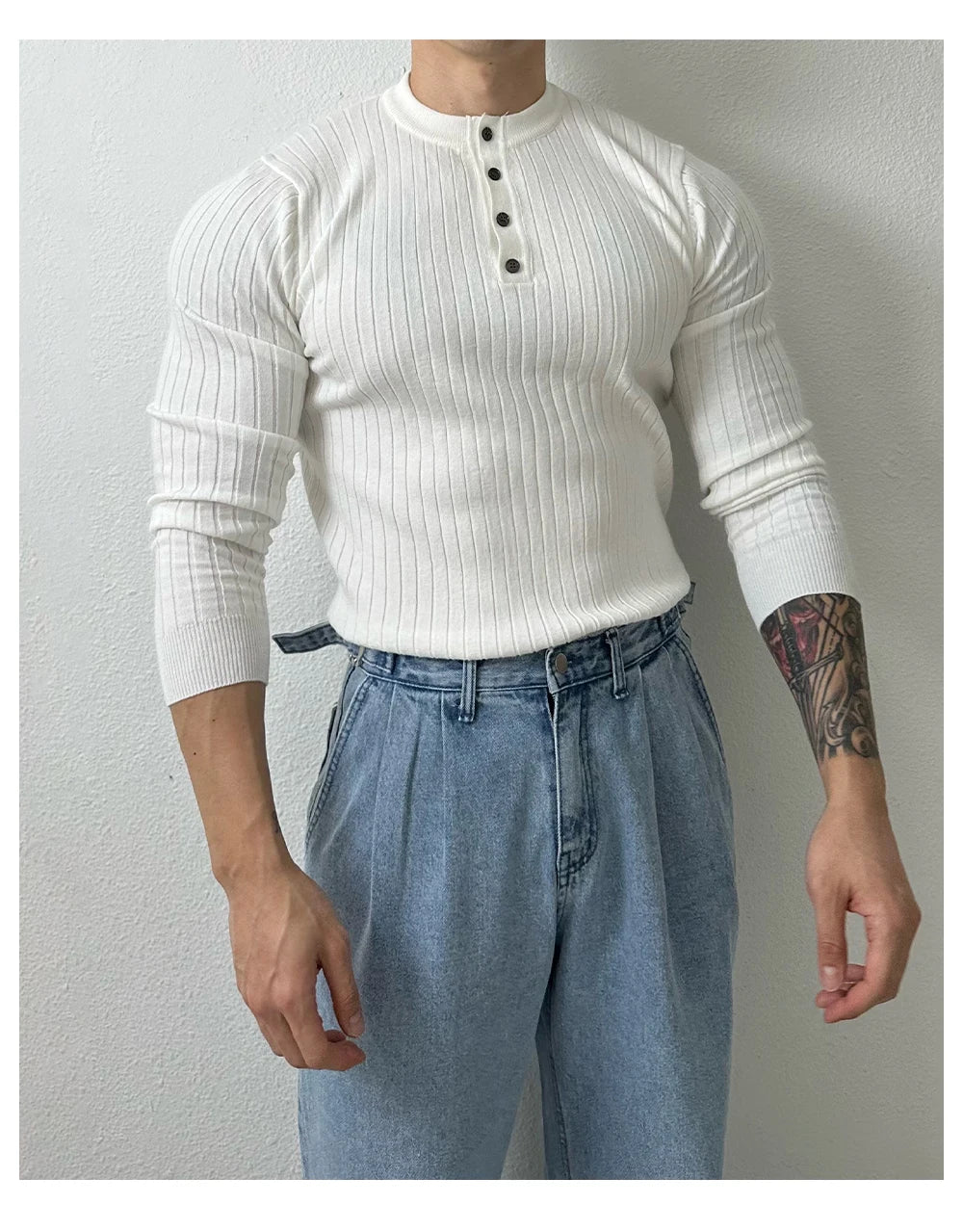 Autumn Clothing Men's Light Luxury Knit Korean Popular Henry Collar T-shirt Button-down Long Sleeve Retro Leisure Knitwear