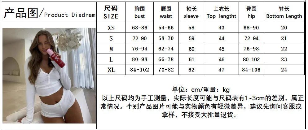 2025 Women 2 Piece Pajamas Shorts Set Long Sleeve V Neck Button Down Cropped Tops Sexy Bodycon Shorts Loungewear Clothes Females