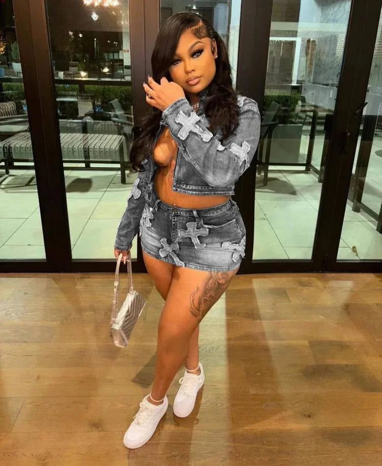 Spring New Denim Skirt Set F8505 Cross-Border Hot Sale Embroidered Short Skirt Jacket Set Cotton Knee-Length Women's Outfit