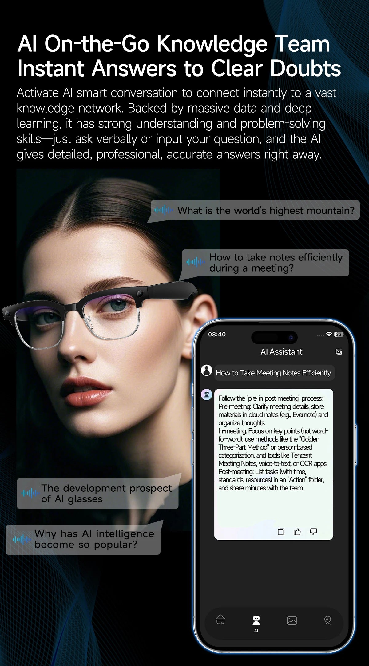 AI Smart Translation Smart Glasses 8 Million HD Camera Optical Image Stabilization Dual Microphone Noise Reduction Smart Glasses