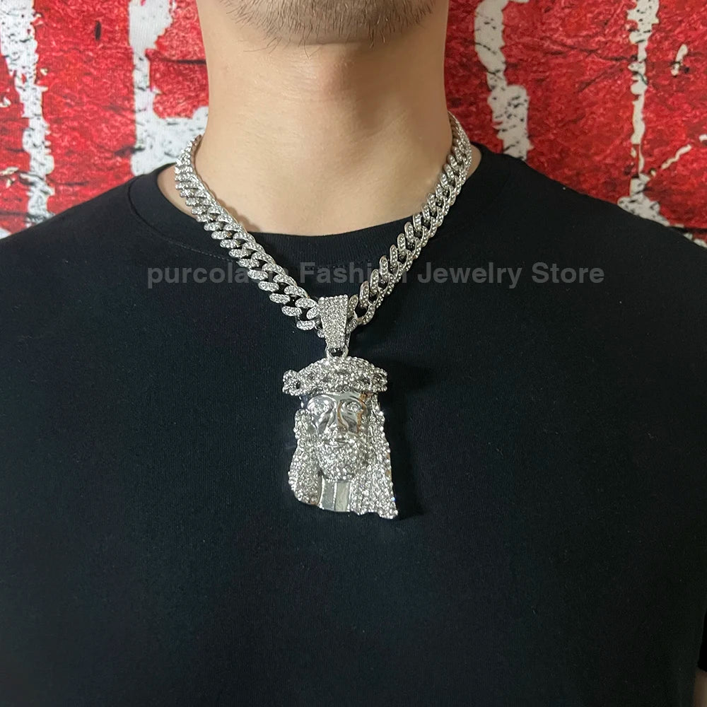 Men Hip Hop Rapper Popular Necklace Religious Jesus Portrait Pendant Rhinestones Cuban Chain Jewelry