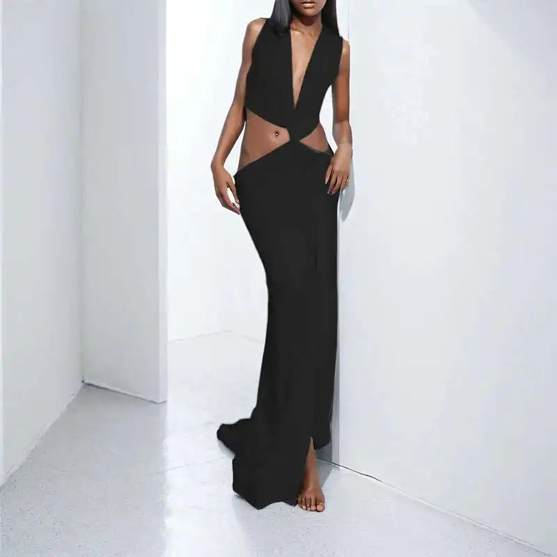 DEAT Spring New Arrival Fashion Hollow Out Sleeveless Dresses For Women Trendy Split V-neck Irregular Dress Female 11A03623