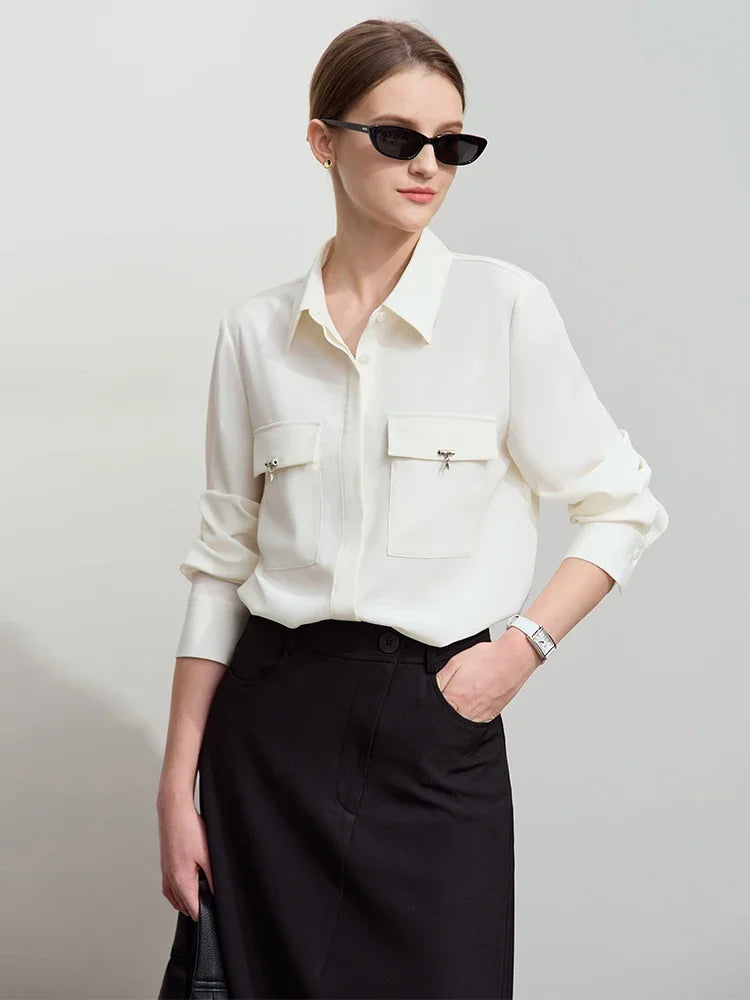 AMII Minimalist Chiffon Shirt Women 2025 Spring New Temperament Gentle Lapel Bamboo Work Pocket Concealed Button Tops 12521032