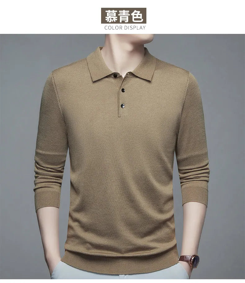 Men's Fine Wool Sweater Polo Collar Pullover Spring Autumn New Cashmere Knitwear Smart Casual Loose Men's Shirts Warm Soft Tops