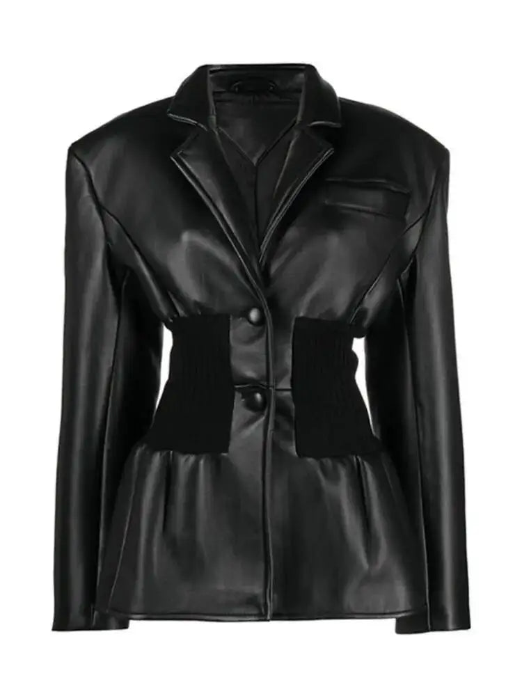 DEAT Fashion Women's Blazer Notched Collar PU Patchwork Knitted Super Waist Silhouette Suit Jackets Spring 2025 New 17A2010H