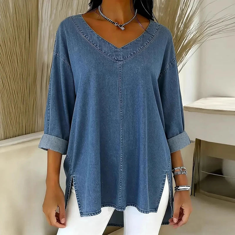Fashion Denim Shirt Women Spring Autumn V Neck Long Sleeve T-Shirts Women Casual Loose Tee Pullover Tops Female Oversized Shirt