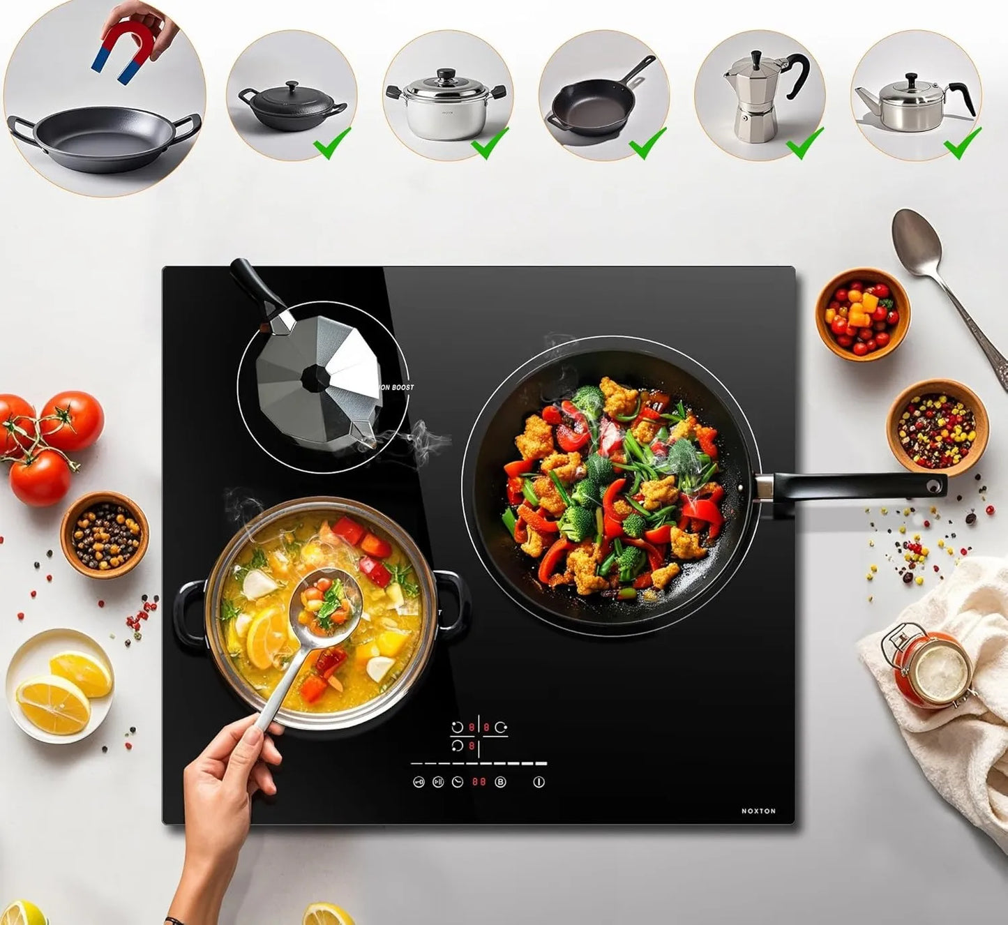 NOXTON Induction Hob 3-Burner, 60cm Built in Induction Hob, Electric Hob with Touch Control, Timer, Safety Lock, 5200Watts, wi