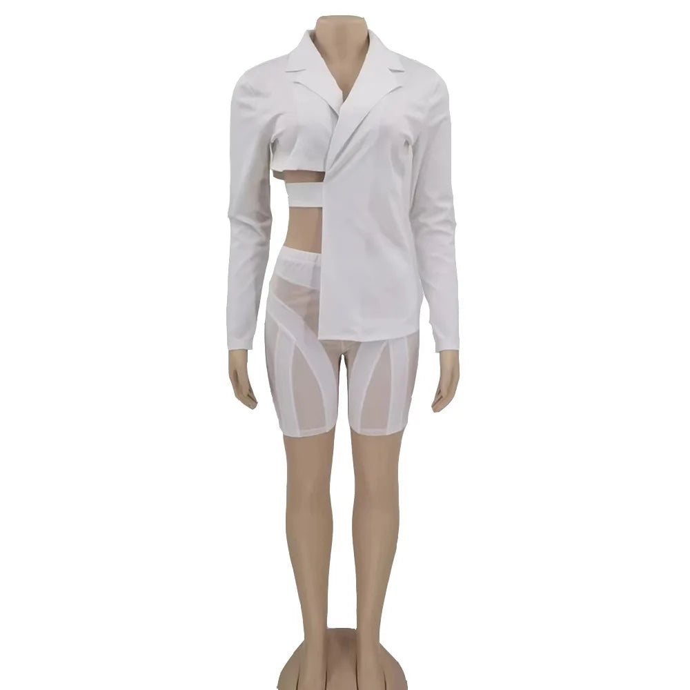 ANJAMANOR Two Piece Club Outfits Women Sexy Asymmetric Blazer and Mesh Shorts Leggings Matching Sets Fall 2023 D58-ED25