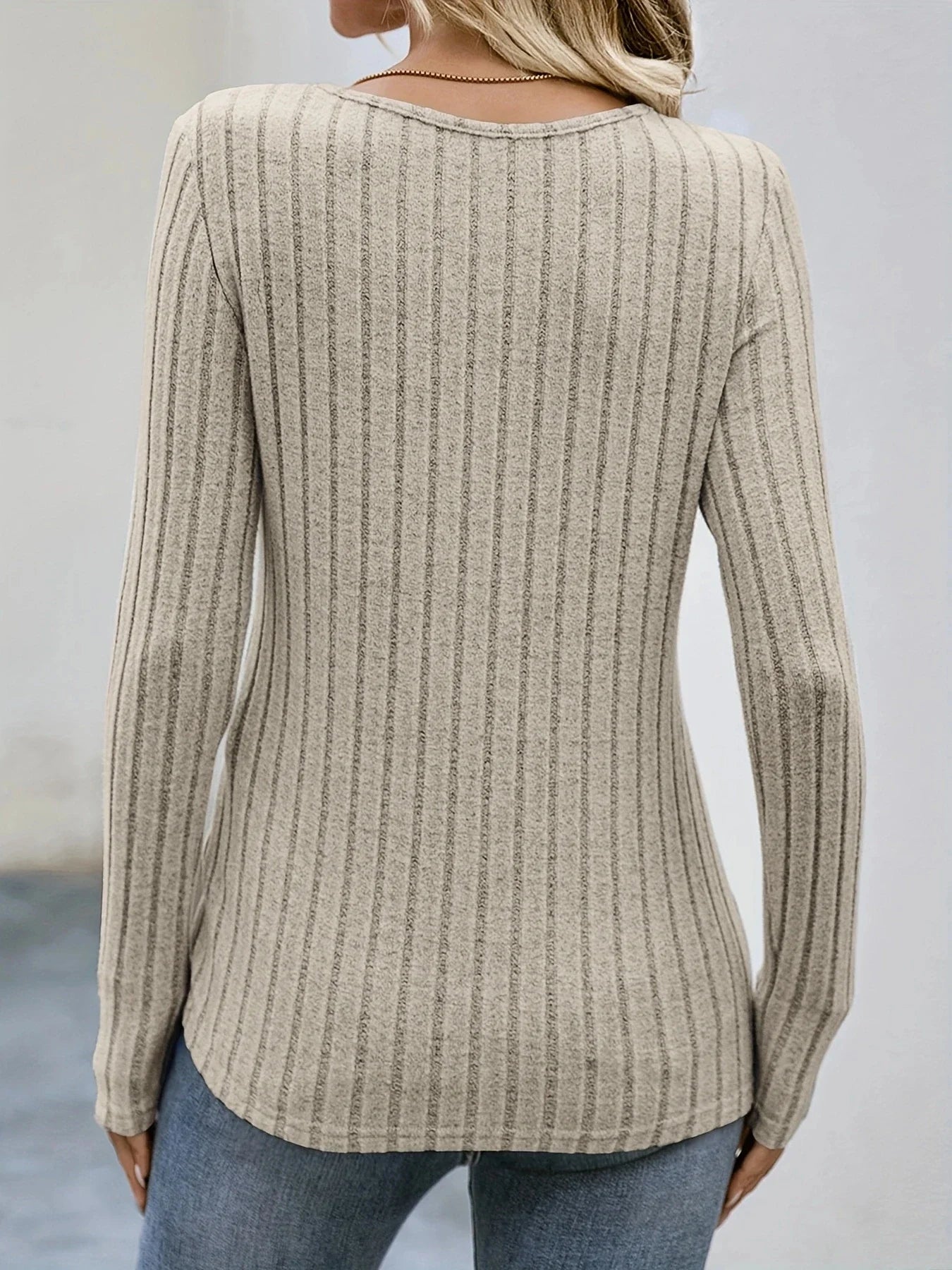 Square Neck Solid Ribbed Button DecorT-Shirt Casual Long Sleeve Top For Spring & Fall Women's Clothing