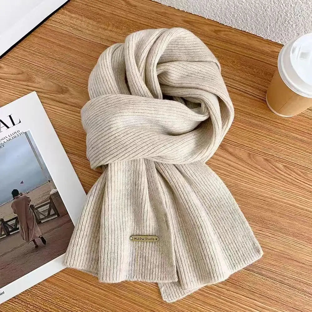 New Korean Style Thick Warm Metal Logo Long Scarf Winter Knitted Solid Color Womens Scarf