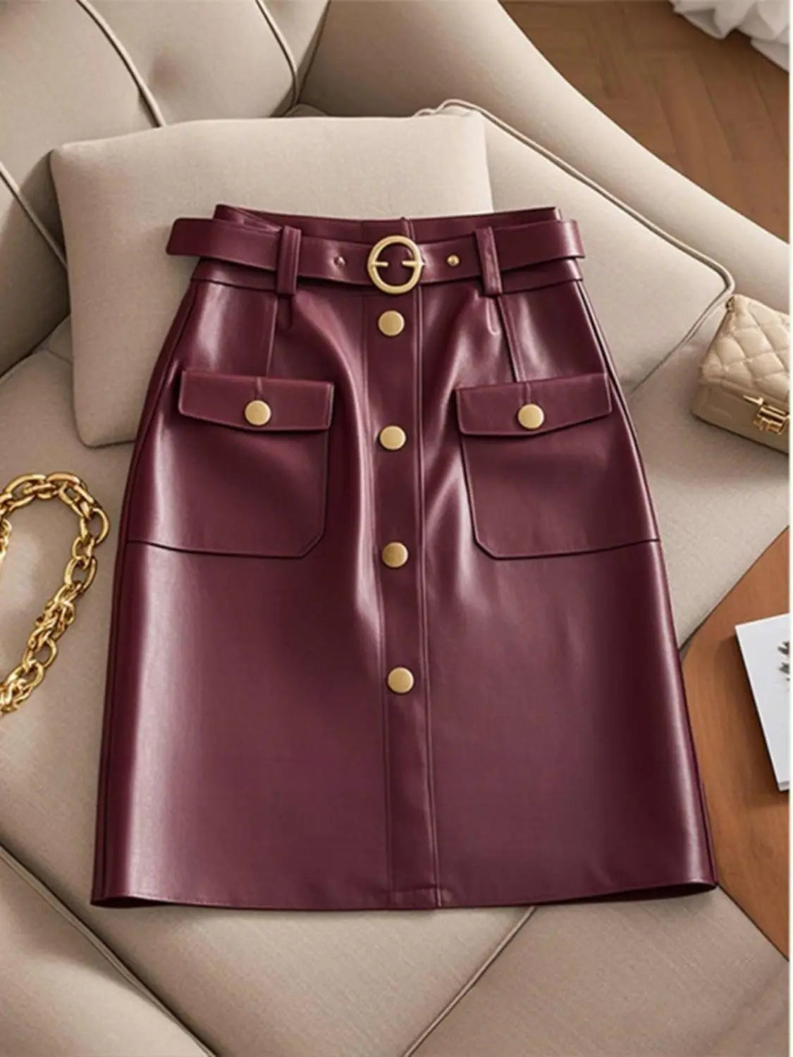 2024 autumn new high-end and super good-looking A-line skirt, fashionable and high-end wine red leather  black skirt