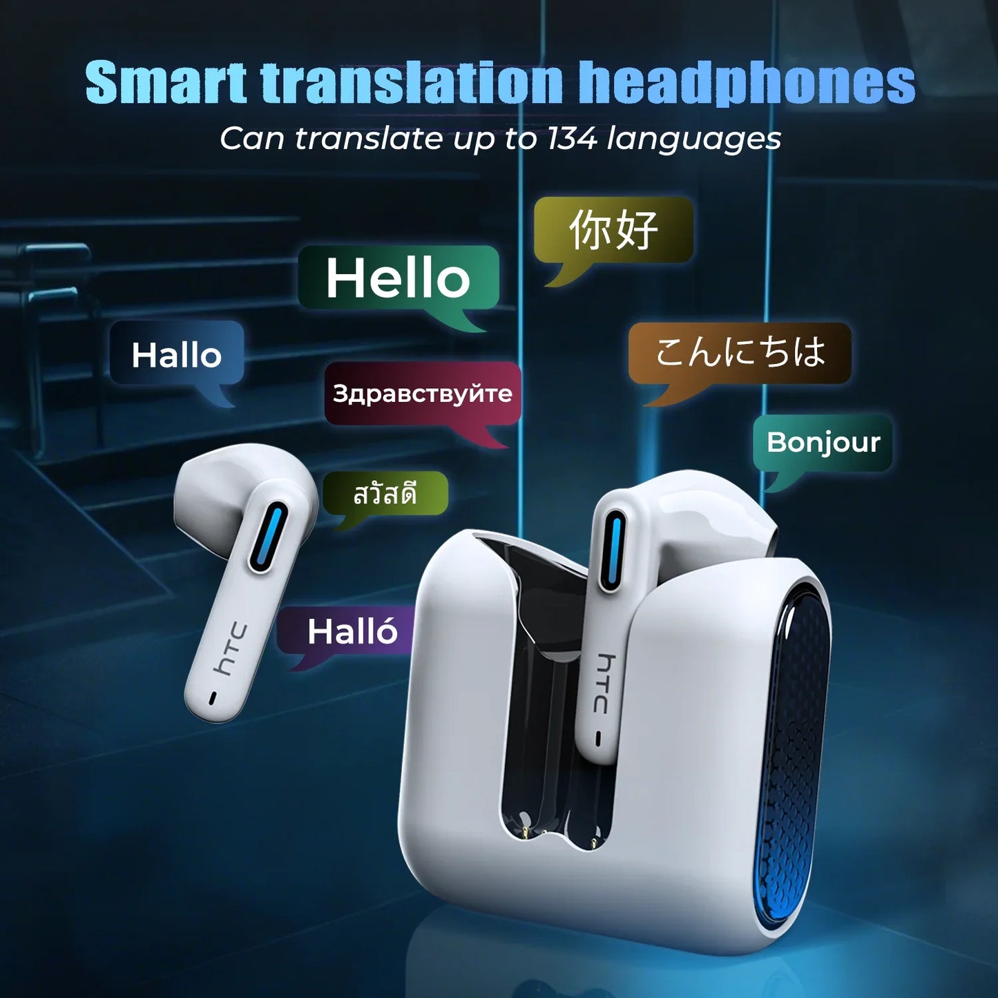 HTC NE49 Wireless Headphones Earphones Bluetooth V6.0 TWS In-Ear Comfortable Earbuds Ultra low latency AI Translator Earbuds