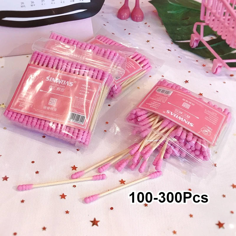100-300Pcs Pink Double Head Cotton Swab Sticks Cotton Buds Tip for Medical Nose Ears Cleaning Accessories Female Make Up Remover