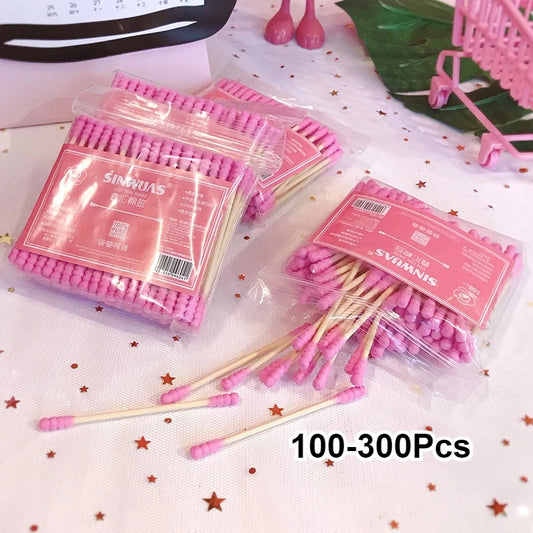 100-300Pcs Pink Double Head Cotton Swab Sticks Cotton Buds Tip for Medical Nose Ears Cleaning Accessories Female Make Up Remover