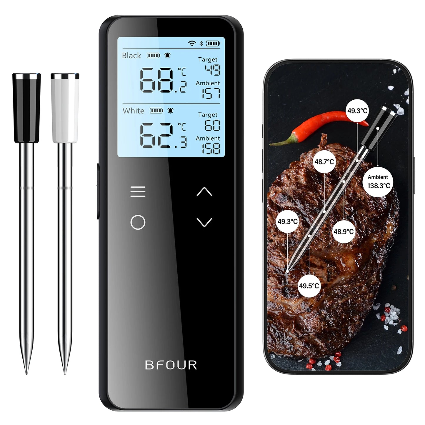 Meat Thermometer Wireless Bluetooth Probe with WiFi Unlimited Range Support APP Alarm Reminder for BBQ, Oven, Air Fryer