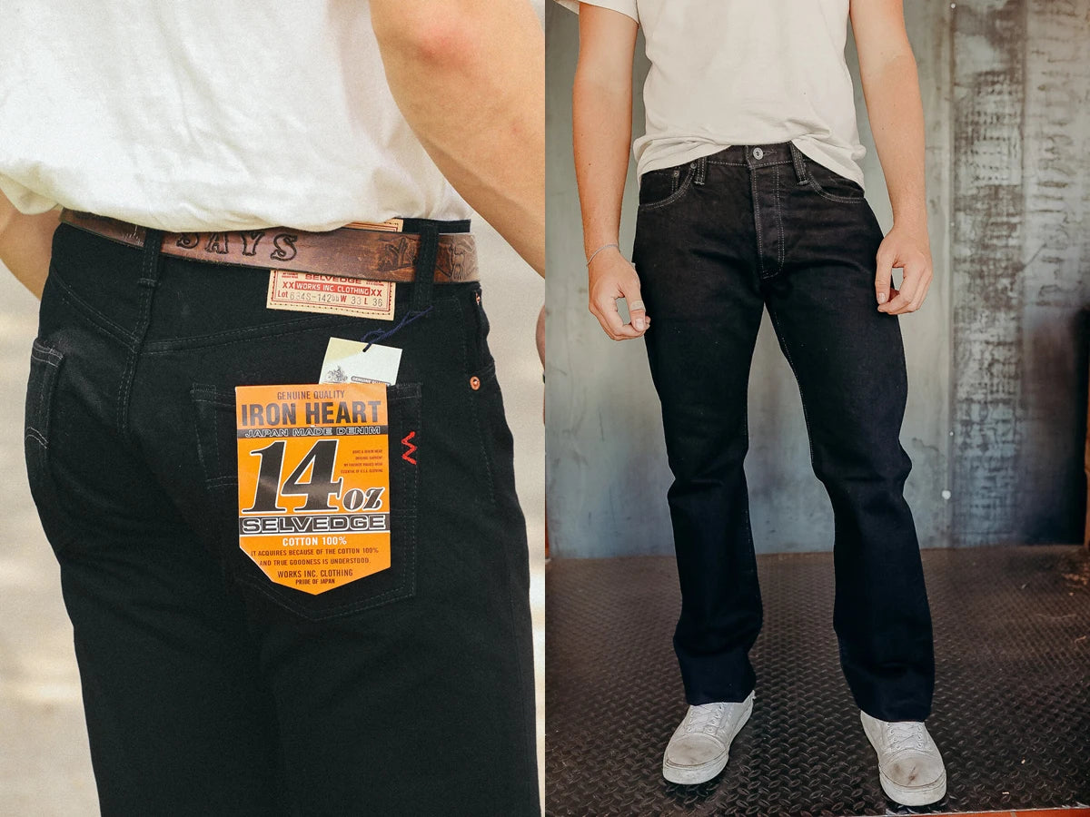 IRON HEART Indigo-Sulfide Black 634s Double Dyed 14oz Denim Jeans, One Wash