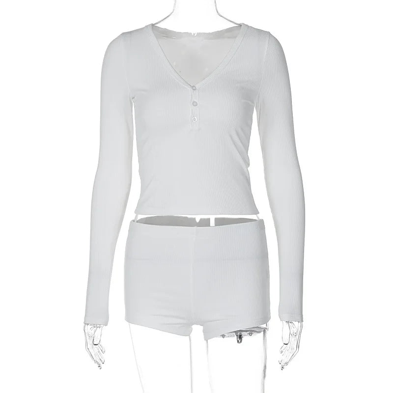 2025 Women 2 Piece Pajamas Shorts Set Long Sleeve V Neck Button Down Cropped Tops Sexy Bodycon Shorts Loungewear Clothes Females