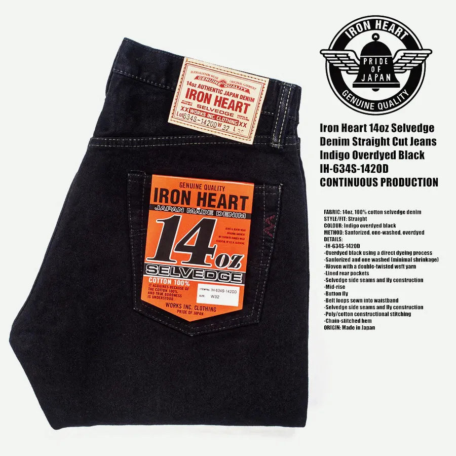 IRON HEART Indigo-Sulfide Black 634s Double Dyed 14oz Denim Jeans, One Wash