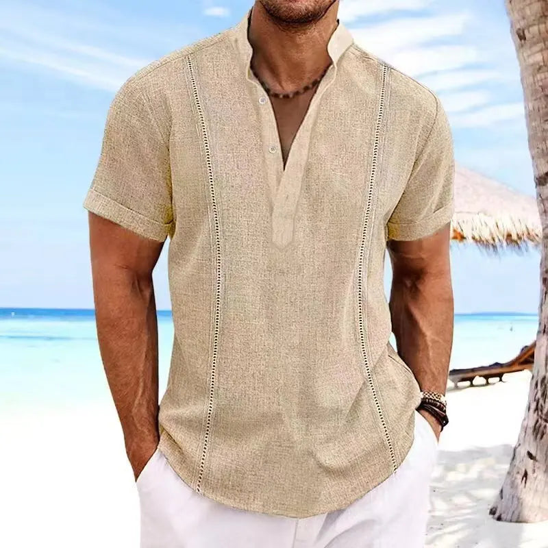 Men's Fashion Beach Holiday Shirts Summer Short Sleeve Cotton Linen T-shirt Comfort Breathable Casual Simple Lapel Tops for Men