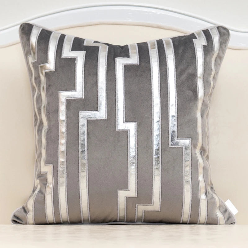 Aeckself Luxury Geometric Plaid Gold Grey Leather Embroidery Velvet Cushion Cover Home Decor Throw Pillow Case White Grey Black
